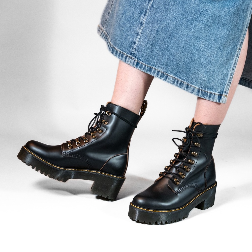 NEW Dr. Martens Leona Black Leather Moto Boots-Women’s 8